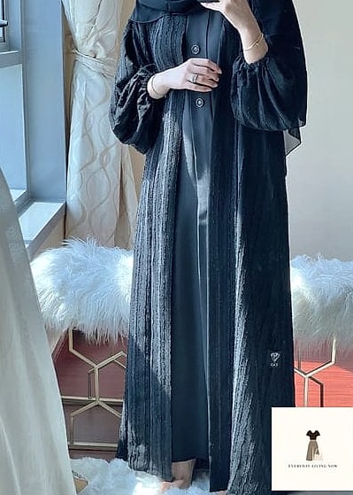 29 Abaya Outfit That Are Absolutely Stunning 22 Abaya with Sheer Overlay Sleeves