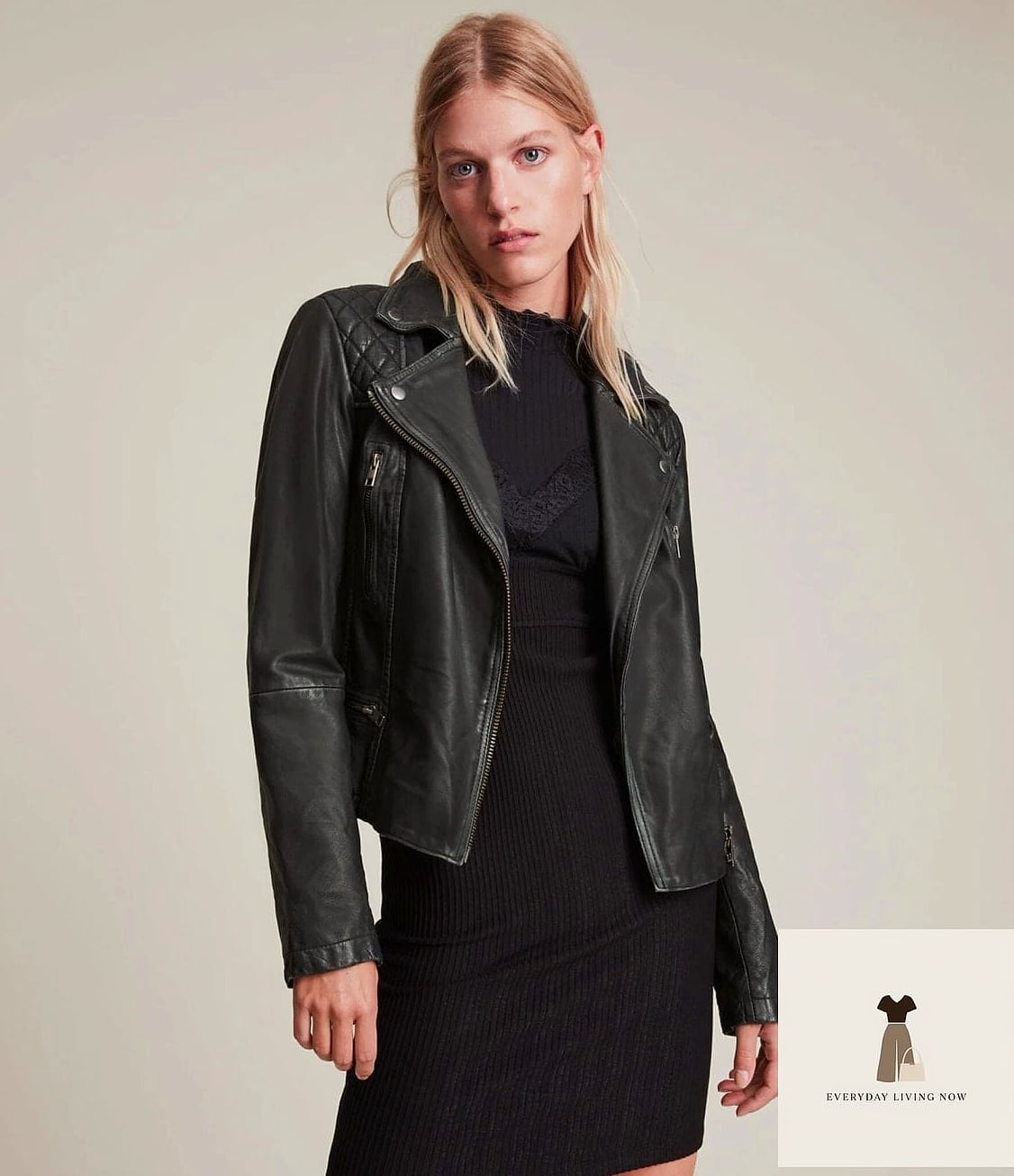Athletic Dress with a Leather Jacket