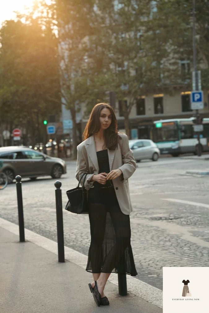 25 Black Blazer Outfit That Are Breathtakingly Beautiful 13 Beige Blazer with Black Cami and Sheer Midi Skirt City Evening Walk