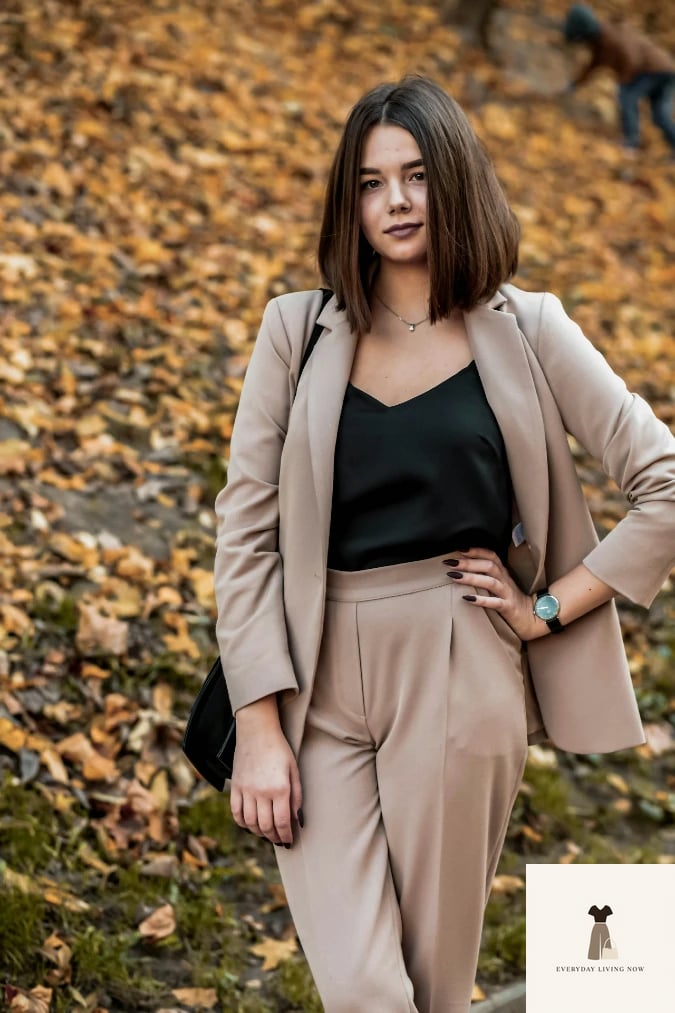 25 Black Blazer Outfit That Are Breathtakingly Beautiful 16 Beige Blazer Set with Black Cami and Slim Trousers Autumn Neutral Power Look