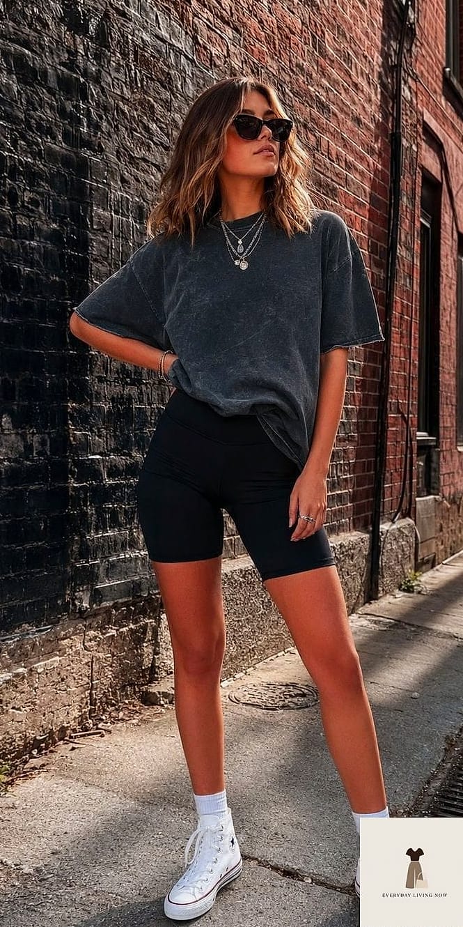 Biker Shorts Under an Oversized Sweater