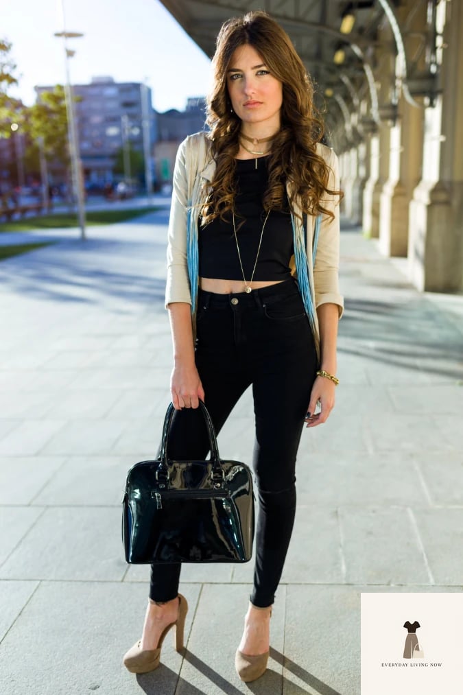 25 Black Blazer Outfit That Are Breathtakingly Beautiful 10 Black Blazer with Crop Top and Skinny Jeans for Bold First-Day Energy