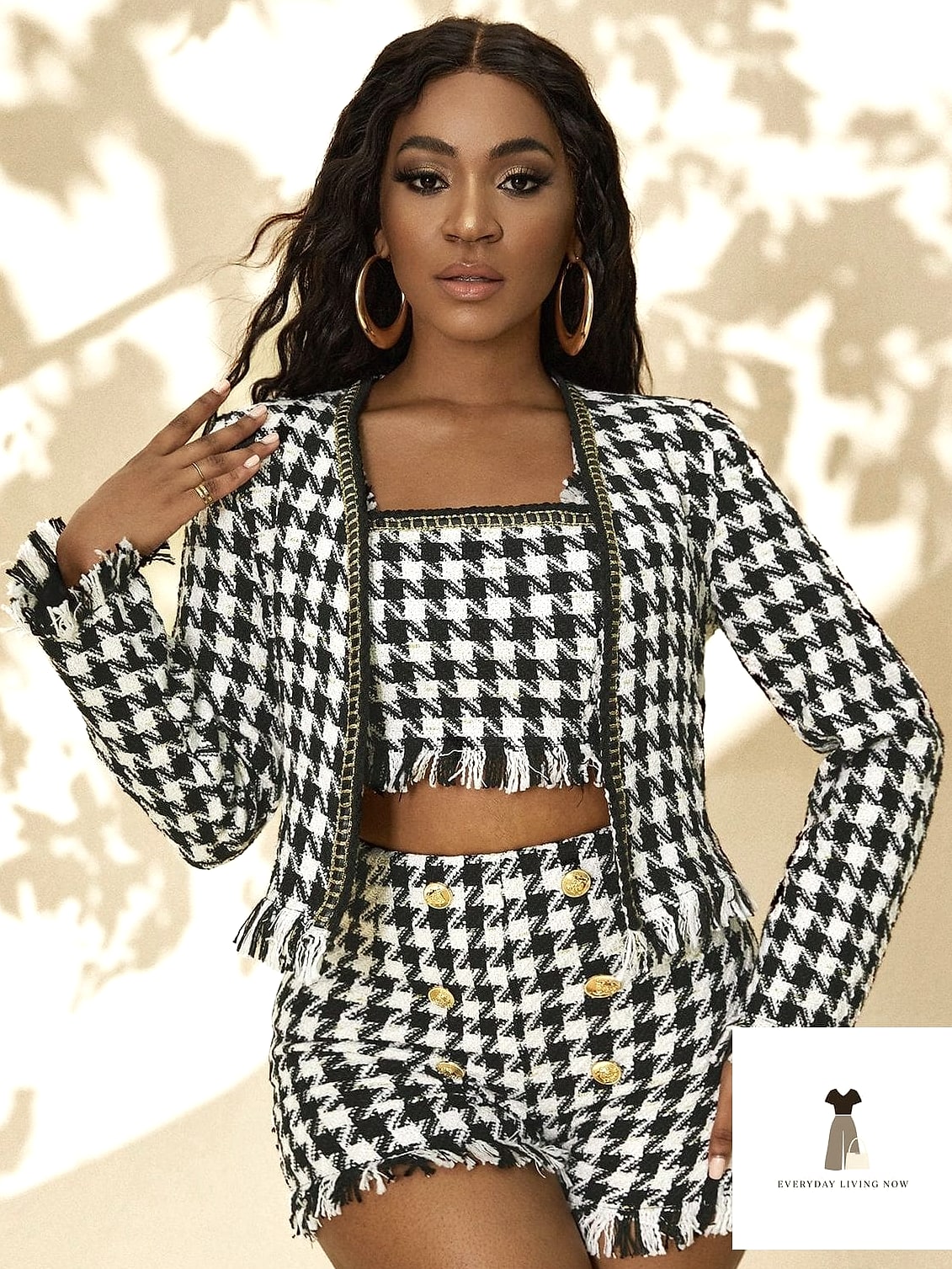 25 Black Blazer Outfit That Are Breathtakingly Beautiful 23 Black Blazer with Houndstooth Skirt and Silver Jewelry