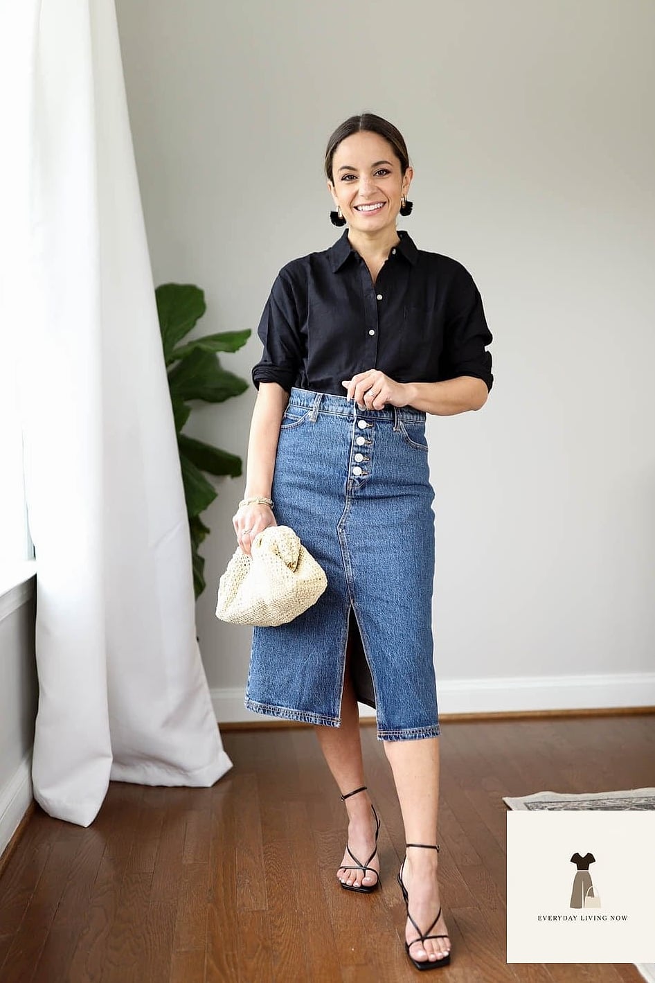 23 Black Shirt Outfit Worth Bookmarking Right Now 5 Black Shirt Tucked into a Midi Skirt
