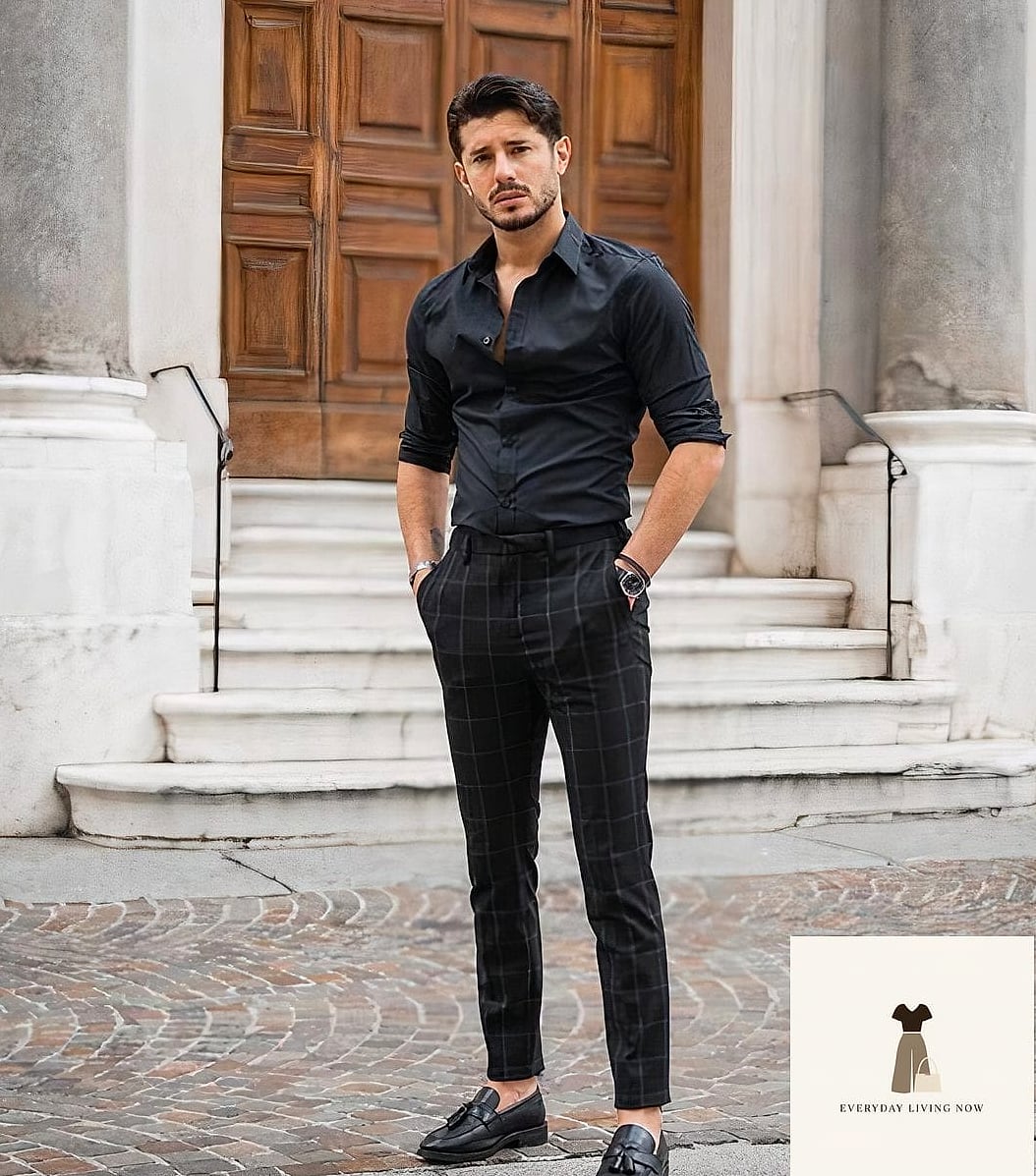 23 Black Shirt Outfit Worth Bookmarking Right Now 17 Black Shirt with Plaid Trousers