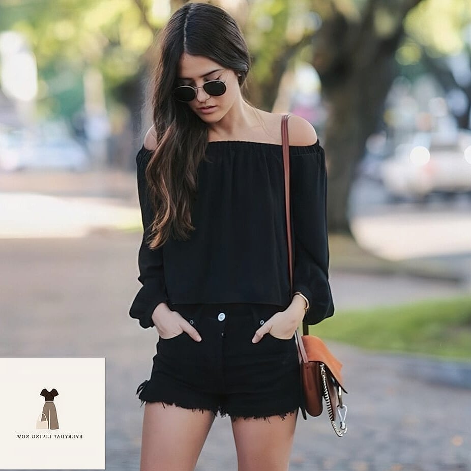 30 Black Shorts Outfit Every Woman Needs to See 11 Black Shorts and an Off-the-Shoulder Top