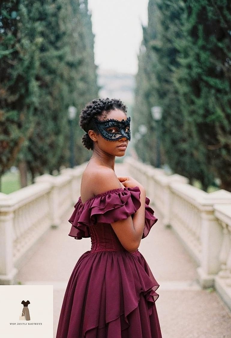 25 Masquerade Outfit Ideas You Need to Try Next 4 Burgundy Corset Top and Full Skirt