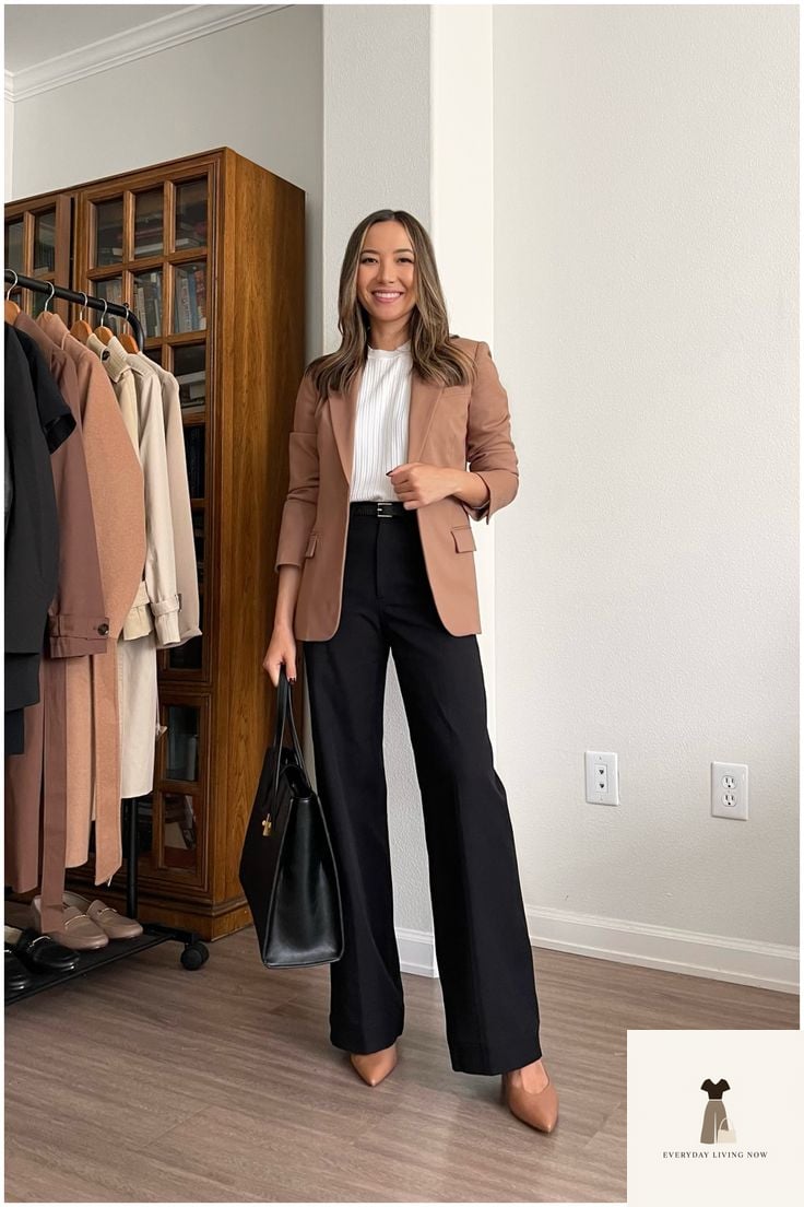 25 Black Blazer Outfit That Are Breathtakingly Beautiful 11 Camel Blazer & Black Wide-Legs