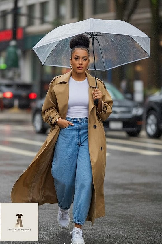 Camel Trench Coat with Baggy Jeans and White Sneakers
