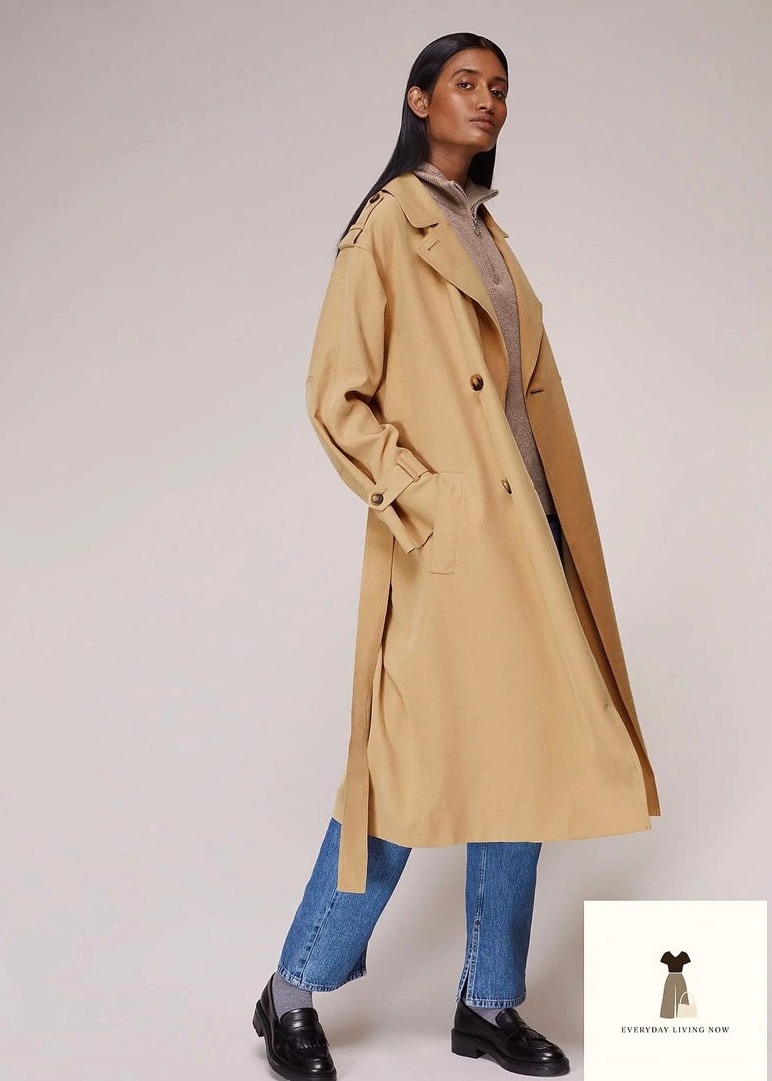 24 New Balance Outfit Every Style Lover Needs to See 9 Camel Trench and White New Balance Sneakers