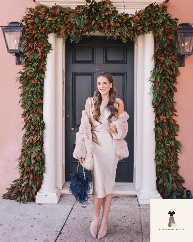 Champagne Satin Slip Dress with Faux Fur