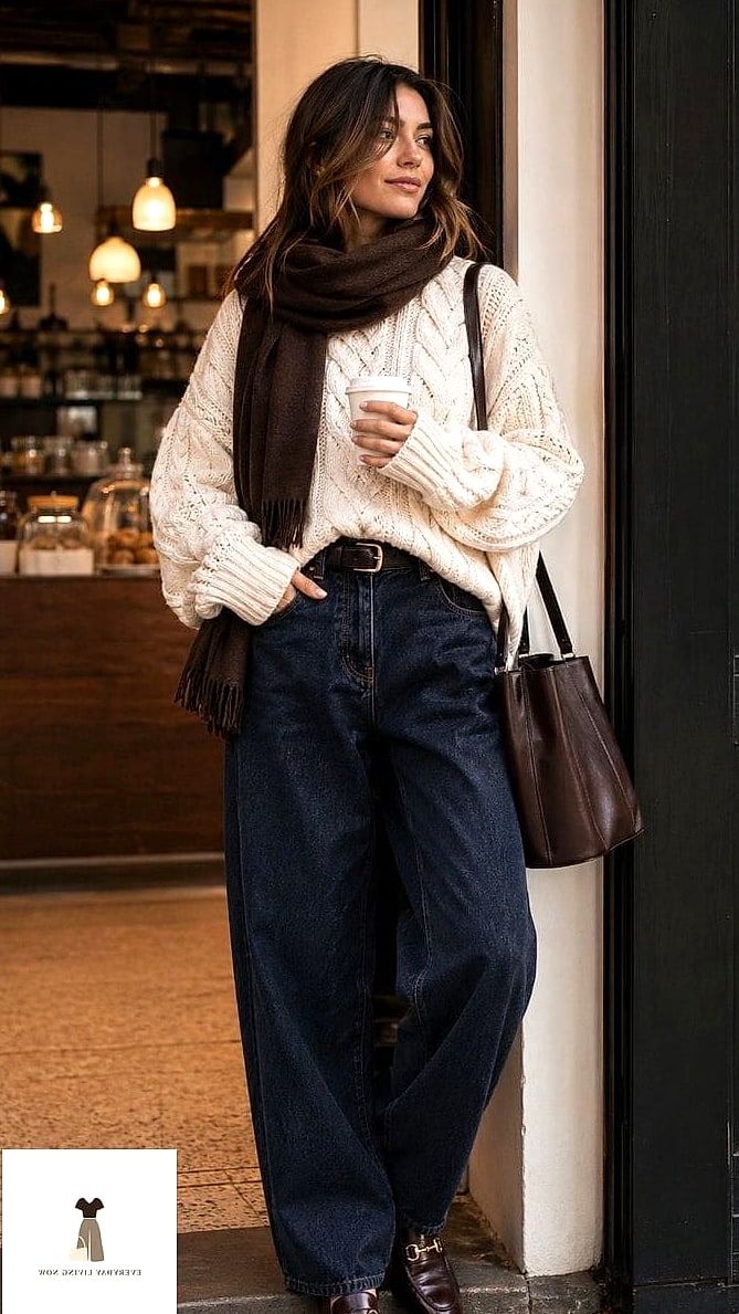 Chunky Knit Sweater Tucked Into Baggy Jeans