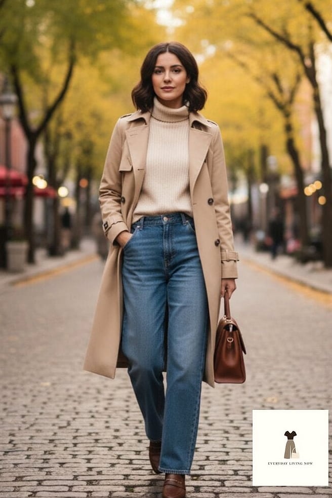 The Classic Camel Trench Over Jeans