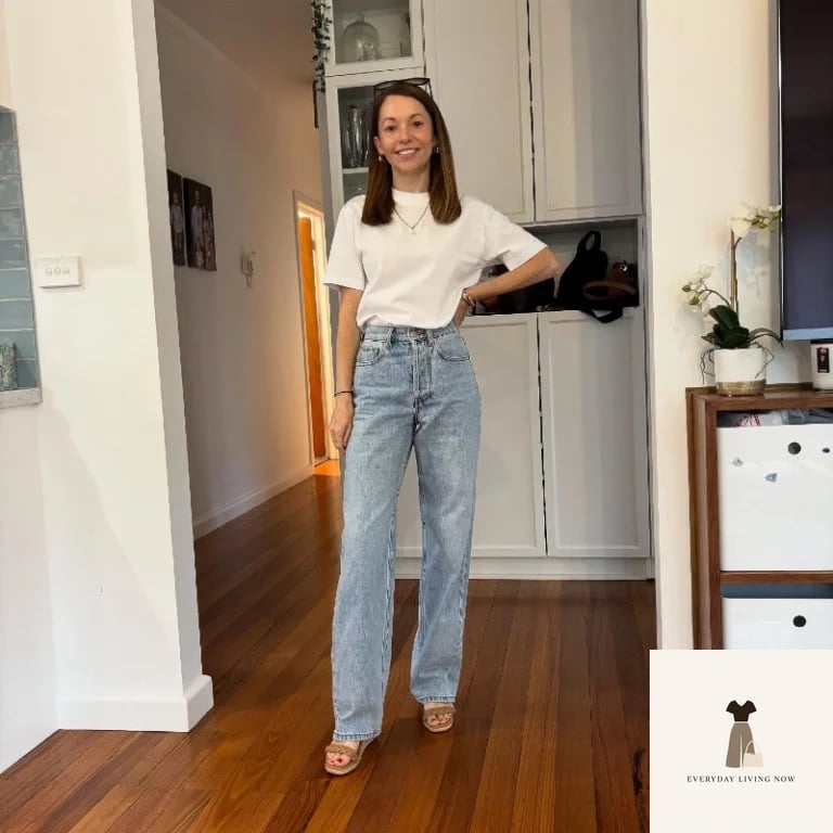Classic White Crewneck Tee with High-Rise Light Wash Straight Jeans and Woven Sandals
