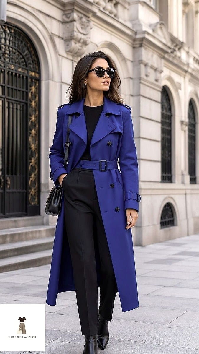 Cobalt Blue Trench for a Pop of Color