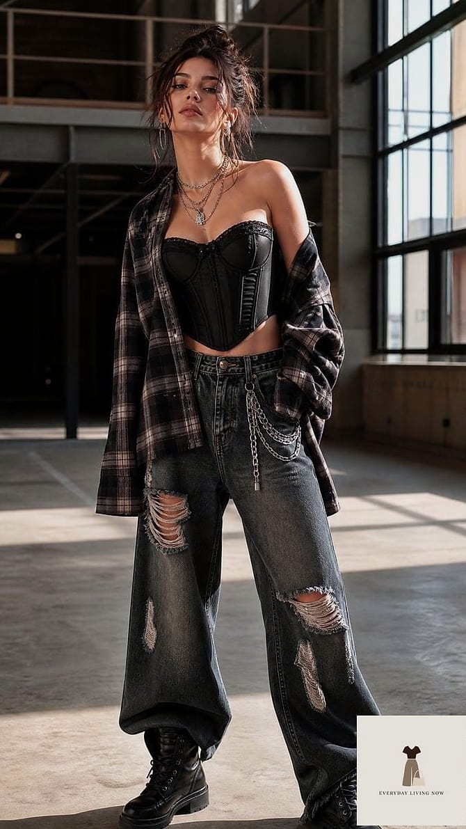 Corset Top With Wide-Leg Baggy Denim