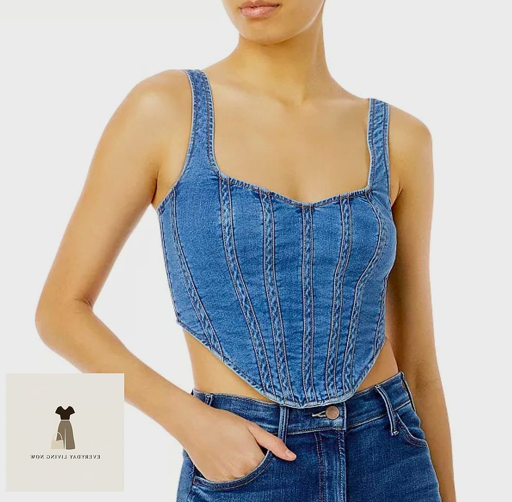 Corset Top Tucked into a Denim Mini Skirt