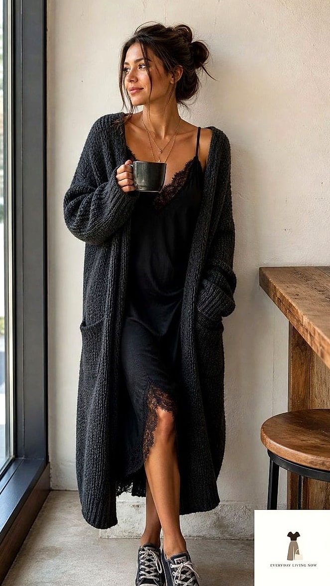 27 Comfy Outfit That Are Absolutely Stunning 4 The Cozy Cardigan Over a Slip Dress