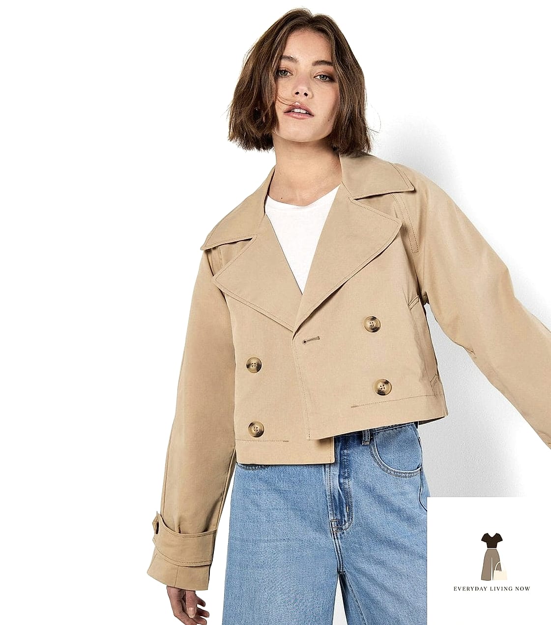 Cropped Trench Over High-Waisted Jeans