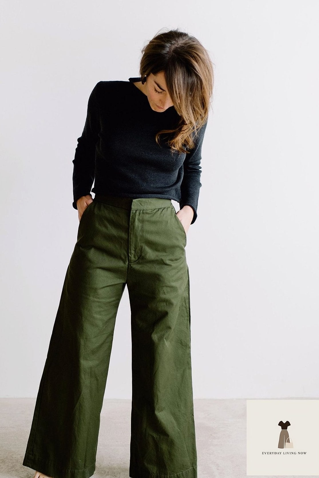 Dark Green Wide-Leg Trousers with a Silk Cami