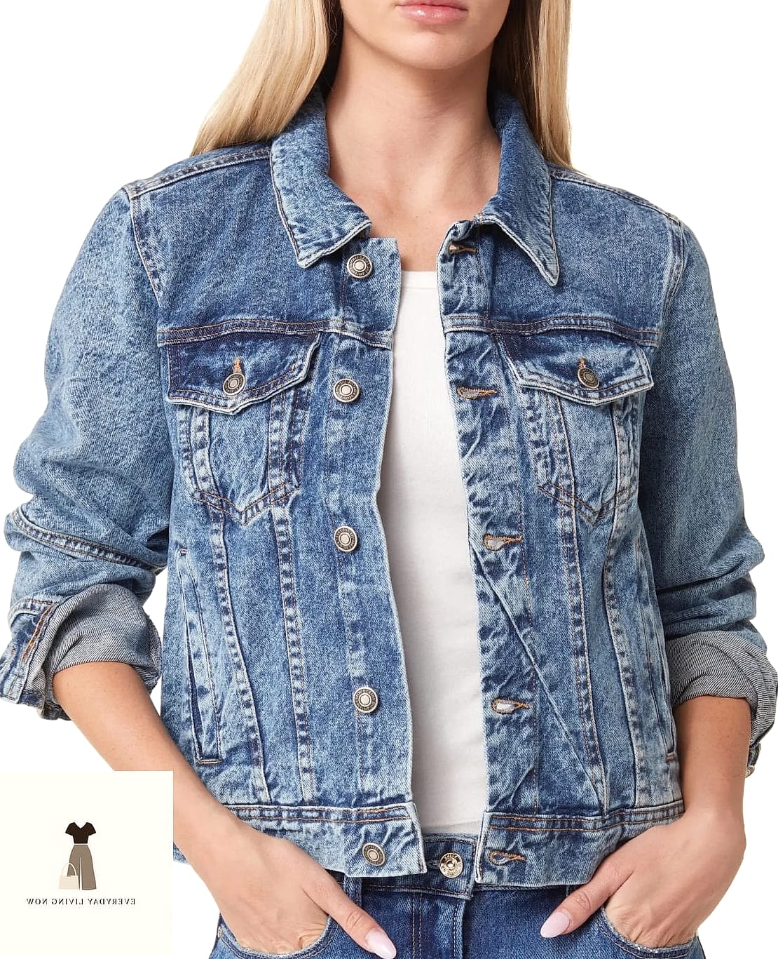 30 Blue Outfit That Are Trending Right Now 6 Denim Jacket Over a Floral Dress