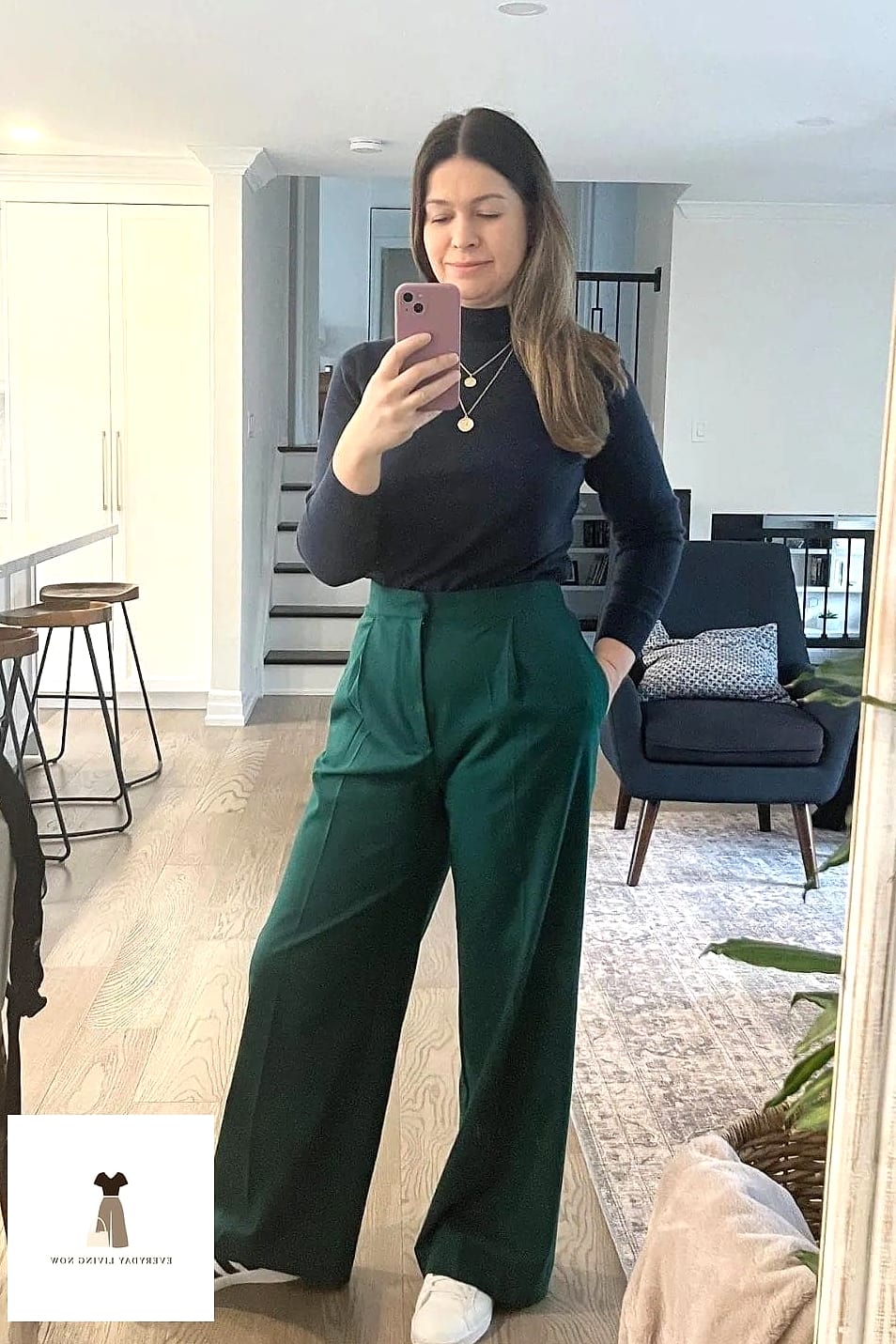 Emerald Wide-Leg Pants with a Sequin Top