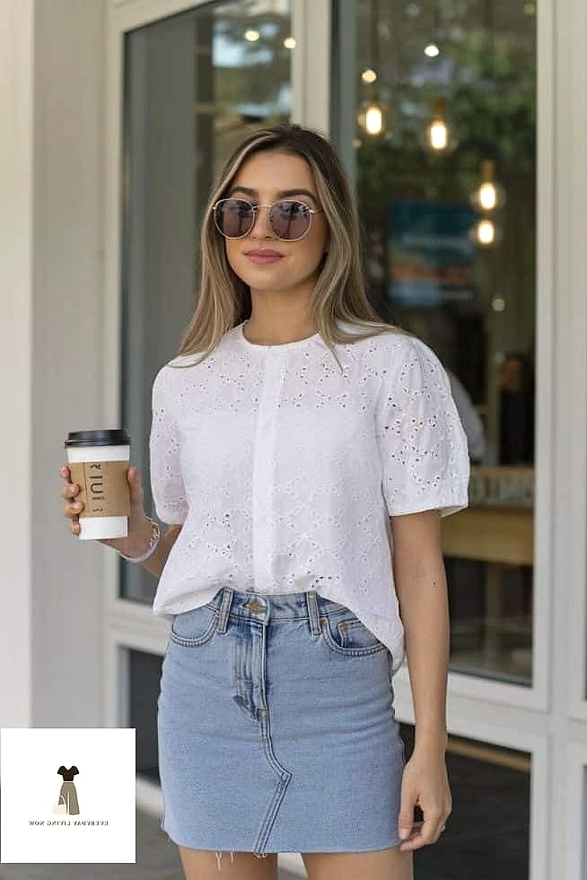 27 Easter Outfit That Will Transform Your Look 18 Eyelet Top and Denim Skort