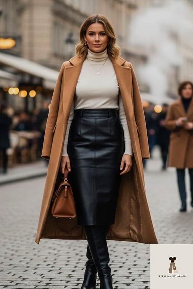 Fitted Turtleneck and Leather Skirt