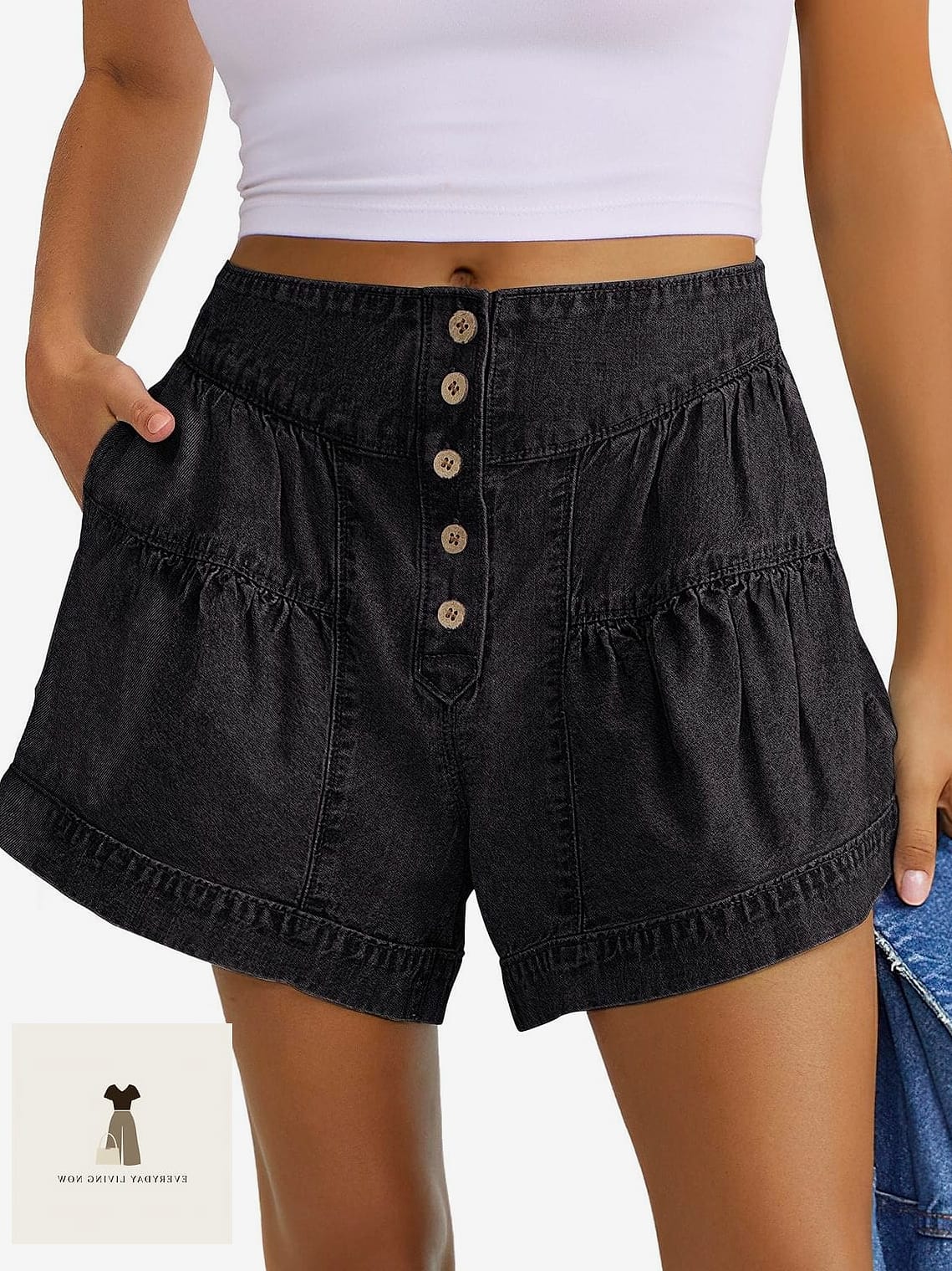 30 Black Shorts Outfit Every Woman Needs to See 17 Flowy Button-Up Shirt Over Black Shorts