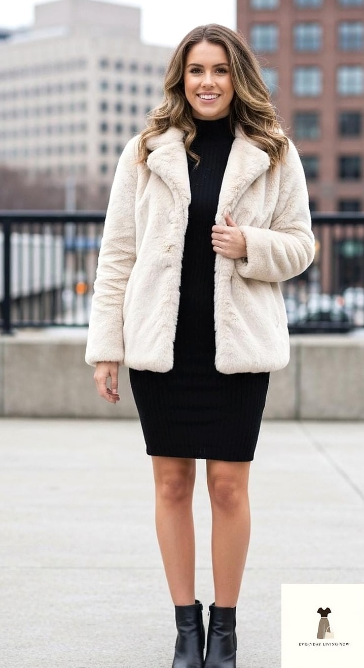 Fur Coat With a Turtleneck and Midi Skirt