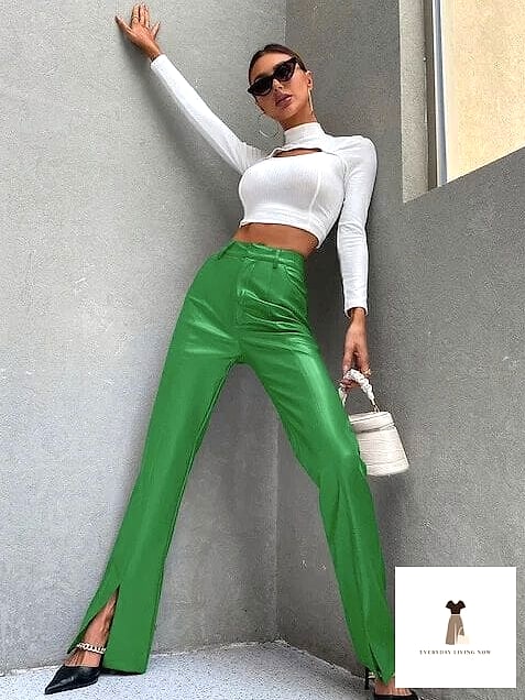 Green Leather Pants with a White Button-Down