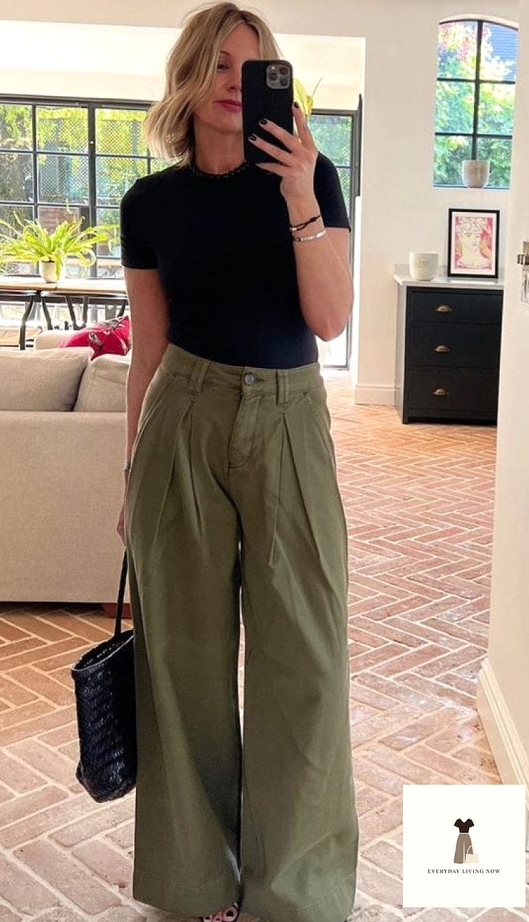 Green Wide-Leg Pants with a Graphic Tee