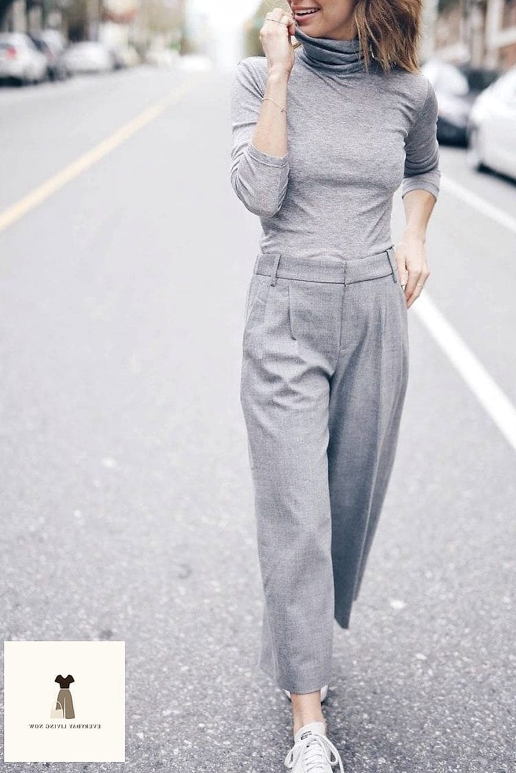 21 Grey Pants Outfit That Are Absolutely Stunning 15 Grey Culottes with a Fitted Turtleneck