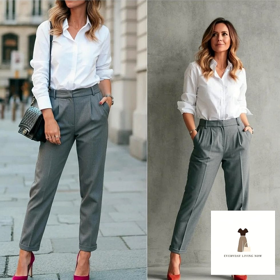 21 Grey Pants Outfit That Are Absolutely Stunning 12 Grey Leather-Look Pants with a Simple White Tee