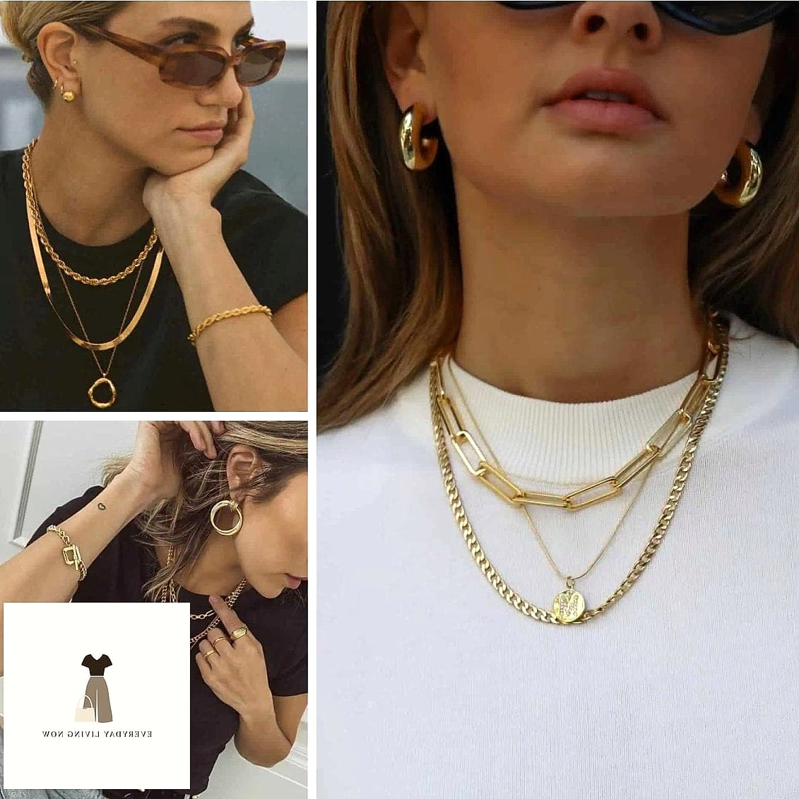 Layered Gold Jewelry with a Simple Brown Set