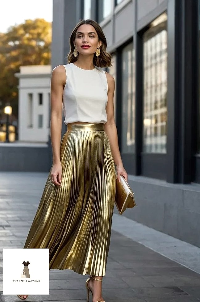 25 Outfit Semiformal That Are Dreamy and So Inspiring 21 Metallic Skirt with a Soft Sweater