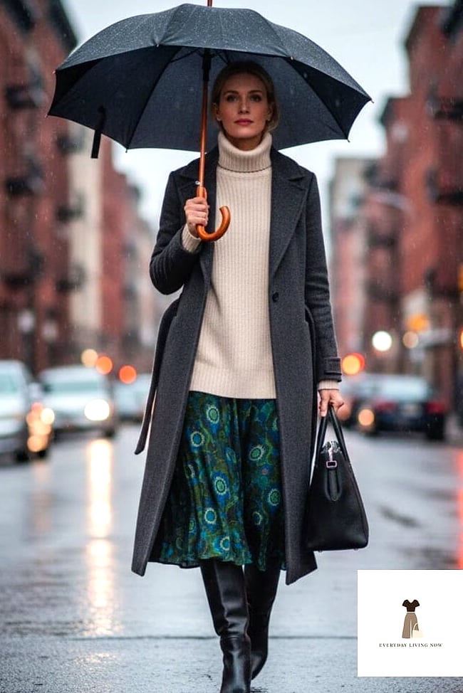 29 Rainy Day Outfit That Are Breathtakingly Beautiful 26 Midi Skirt And Chunky Sweater Combo
