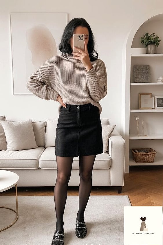 24 Cozy Outfit That Every Stylist Needs to See 15 Mini Skirt With Tights and a Chunky Sweater
