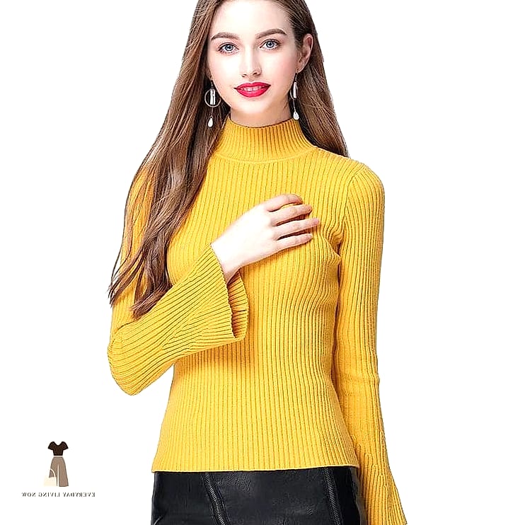 27 Yellow Outfit Every Style Lover Needs to See 4 Mustard Turtleneck With Wide-Leg Jeans