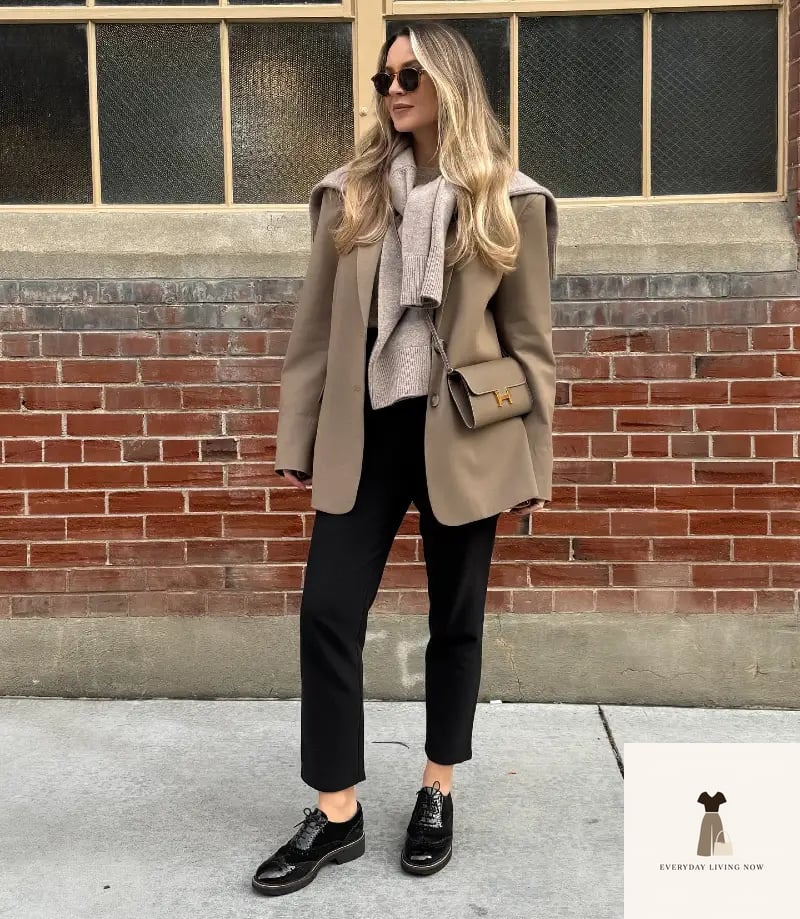 25 Black Blazer Outfit That Are Breathtakingly Beautiful 15 Oversized Taupe Blazer with Black Tailored Trousers