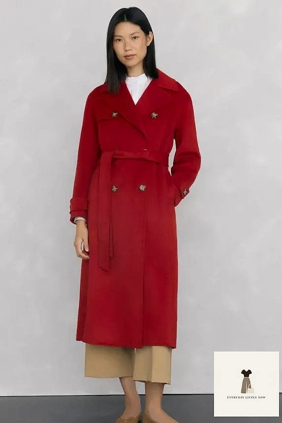 Red Trench Coat Over Neutrals