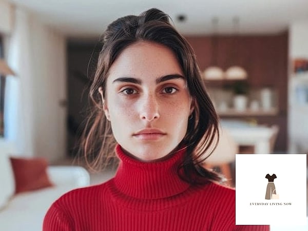 Red Turtleneck and Straight-Leg Jeans