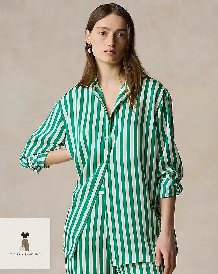 30 Striped Shirt Outfit That Are Absolutely Stunning 18 Silk Striped Blouse for Elevated Evenings