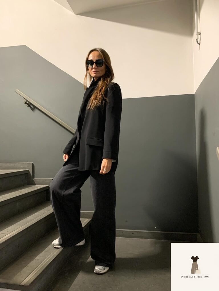 25 Black Blazer Outfit That Are Breathtakingly Beautiful 17 Slouchy Black Denim with Oversized Blazer and Silver Athletic Shoes