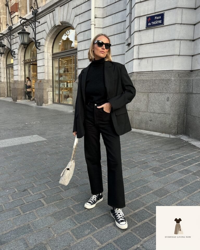 25 Black Blazer Outfit That Are Breathtakingly Beautiful 8 Straight-Leg Black Jeans with Classic Blazer and High-Top Canvas Shoes