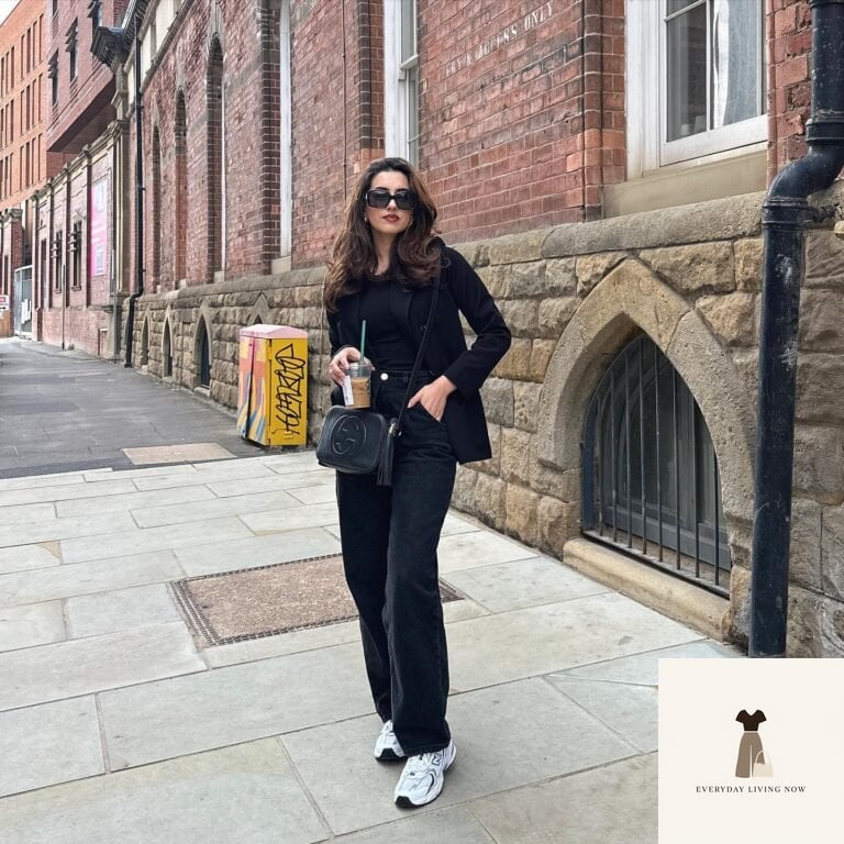 25 Black Blazer Outfit That Are Breathtakingly Beautiful 12 Straight-Leg Black Jeans with Tailored Blazer and White Trainers