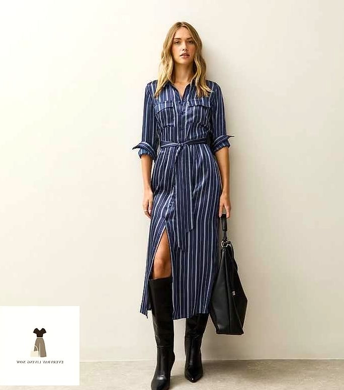 30 Striped Shirt Outfit That Are Absolutely Stunning 22 Striped Shirt Tucked into a Satin Midi Skirt