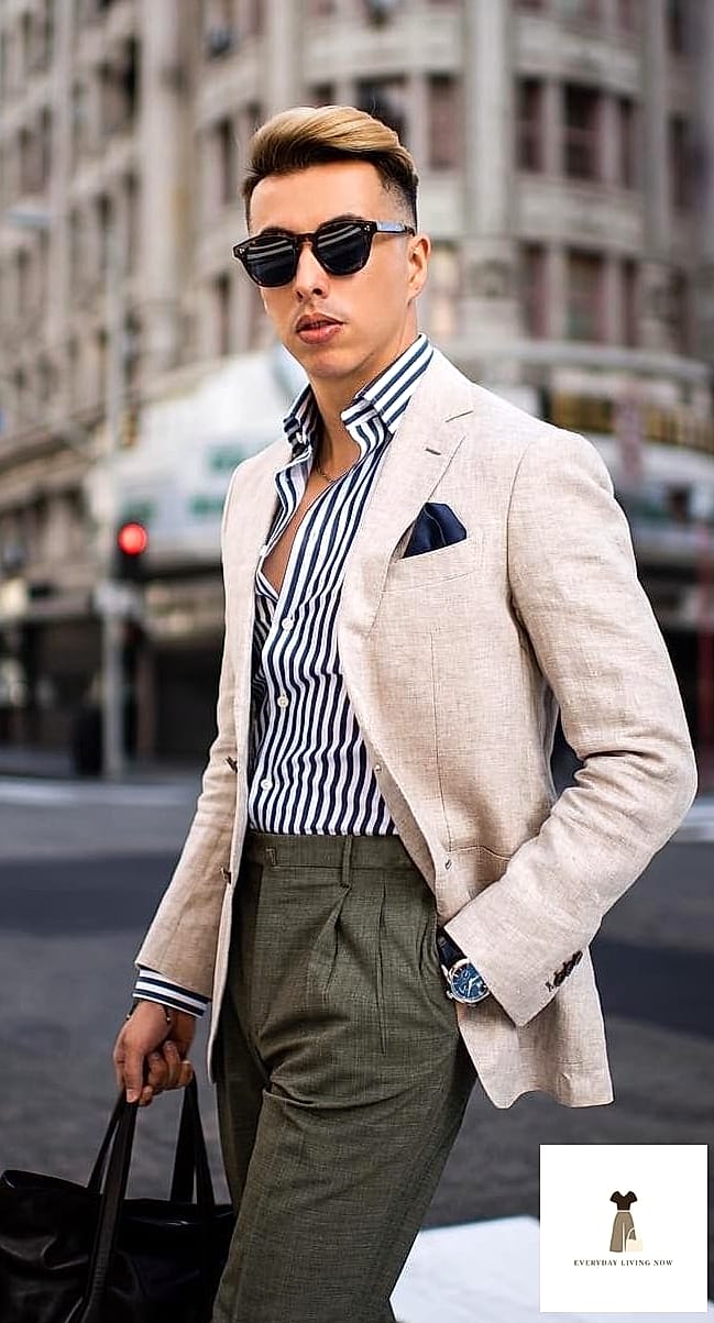 30 Striped Shirt Outfit That Are Absolutely Stunning 23 Striped Shirt with a Blazer and Trousers for Work