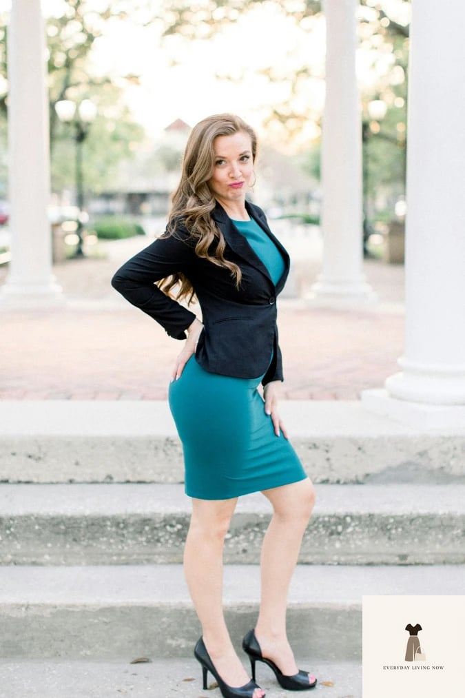 25 Black Blazer Outfit That Are Breathtakingly Beautiful 7 Teal Sheath Dress with Black Blazer and Peep Toe Heels