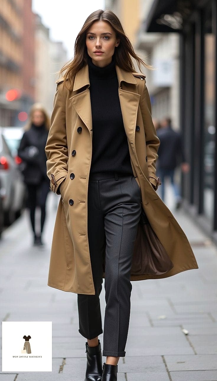 Trench Coat Over a Turtleneck and Trousers